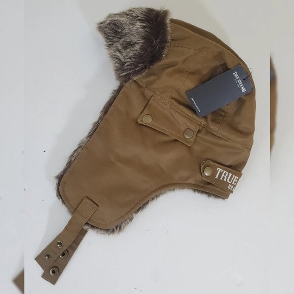 TRUE RELIGION FAUX FUR TRAPPER AVIATOR HAT STITCHED WITH PATCH ICONIC LOGO BROWN - Picture 1 of 6